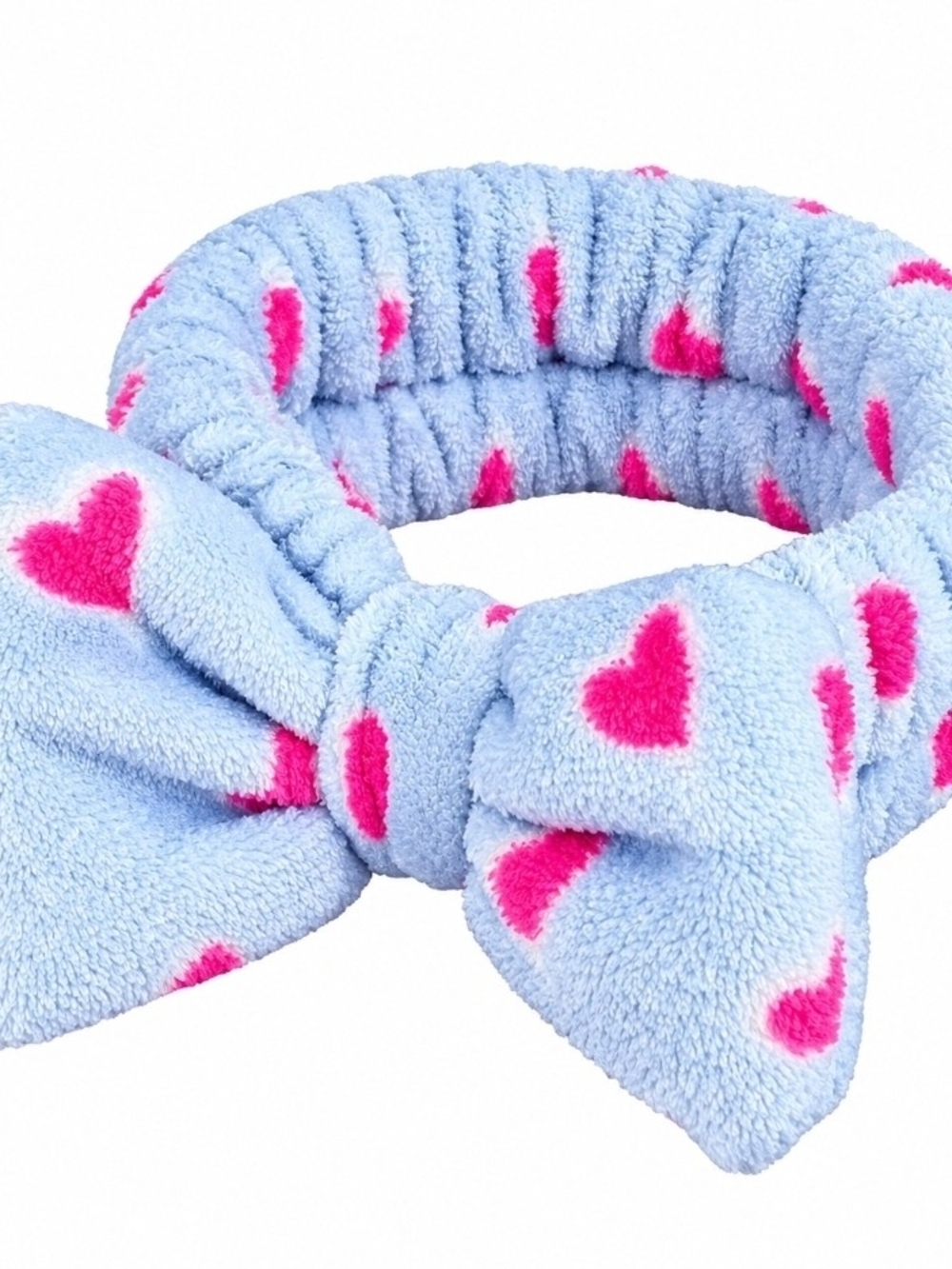 Plush Bow Headband in Light Blue with Pink Hearts